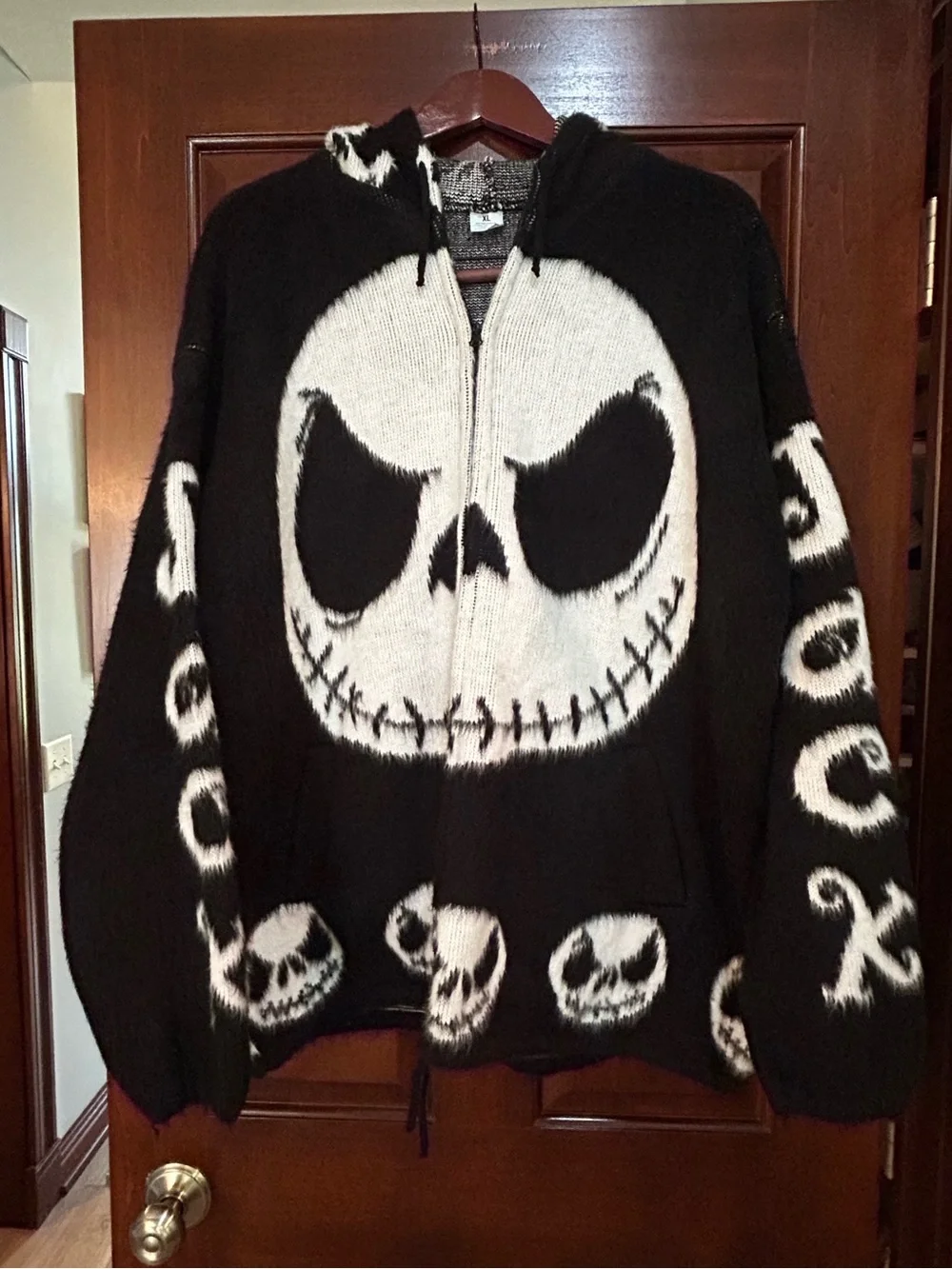 Handmade Ecuador Wool Jack Skellington Hooded Zip Sweater XL Unisex
